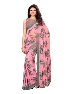Pink printed chiffon saree with blouse 2