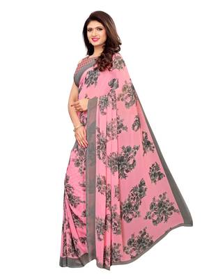 Pink printed chiffon saree with blouse 3
