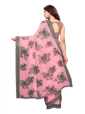 Pink printed chiffon saree with blouse 4