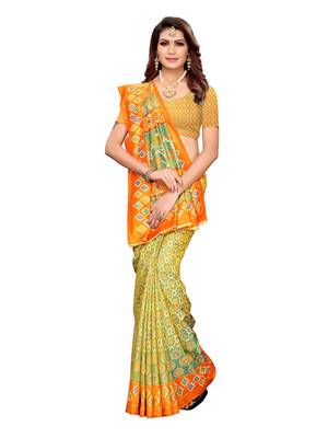 Green printed poly silk saree with blouse 1