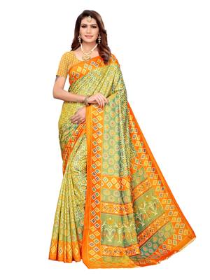 Green printed poly silk saree with blouse 2