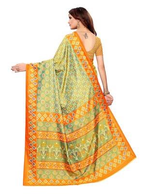 Green printed poly silk saree with blouse 4