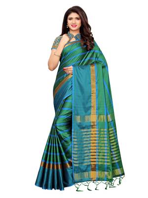 Green woven poly silk saree with blouse 1