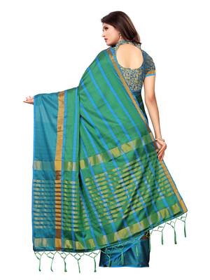 Green woven poly silk saree with blouse 4