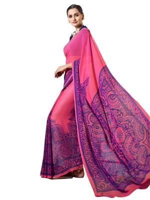 Pink printed georgette saree with blouse 1
