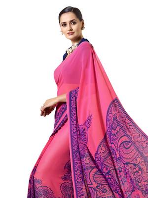 Pink printed georgette saree with blouse 2