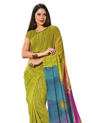 Green printed georgette saree with blouse 2