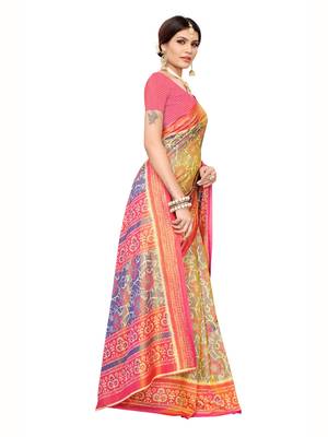Blue printed poly silk saree with blouse 3