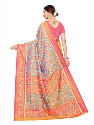Blue printed poly silk saree with blouse 4