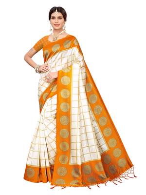 White Printed Poly Silk Saree With Blouse 1
