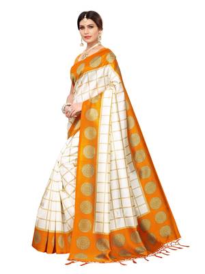 White Printed Poly Silk Saree With Blouse 2