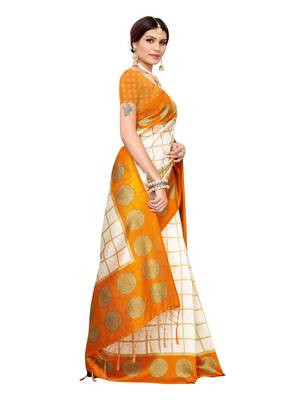 White Printed Poly Silk Saree With Blouse 3