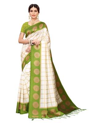 White Printed Poly Silk Saree With Blouse 1