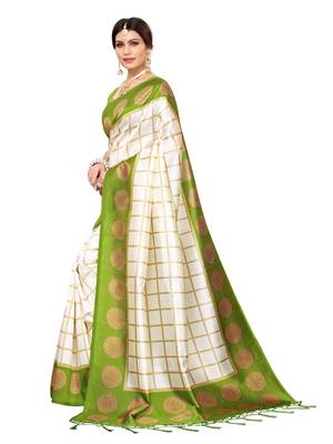 White Printed Poly Silk Saree With Blouse 2