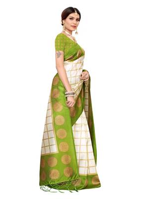 White Printed Poly Silk Saree With Blouse 3