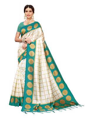 White printed poly silk saree with blouse 1