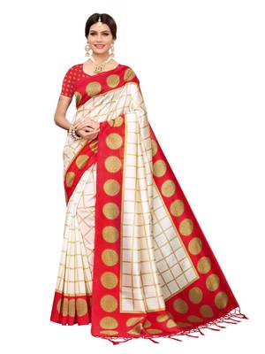 White printed poly silk saree with blouse 1