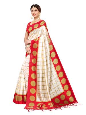 White printed poly silk saree with blouse 2