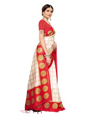 White printed poly silk saree with blouse 3
