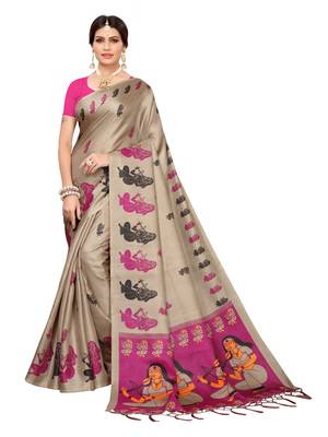 Beige Printed Art Silk Saree With Blouse 1