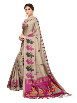 Beige Printed Art Silk Saree With Blouse 2