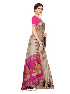 Beige Printed Art Silk Saree With Blouse 3