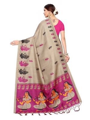 Beige Printed Art Silk Saree With Blouse 4