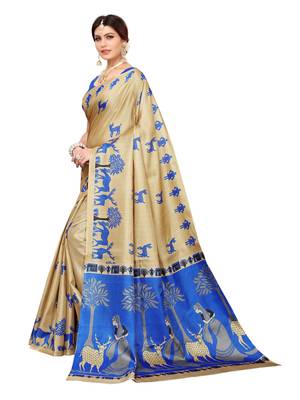 Beige Printed Art Silk Saree With Blouse 2