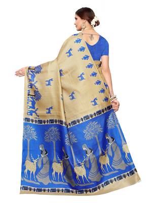 Beige Printed Art Silk Saree With Blouse 4