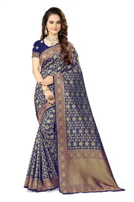 Navy blue woven faux kanjivaram silk saree with blouse 1