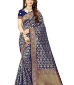 Navy blue woven faux kanjivaram silk saree with blouse