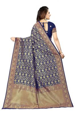 Navy blue woven faux kanjivaram silk saree with blouse 3