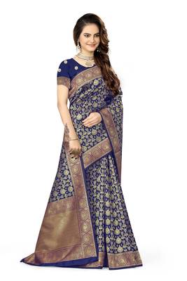 Navy blue woven faux kanjivaram silk saree with blouse 4