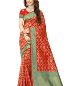 Red woven faux kanjivaram silk saree with blouse