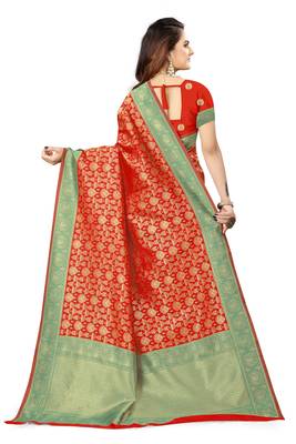 Red woven faux kanjivaram silk saree with blouse 3