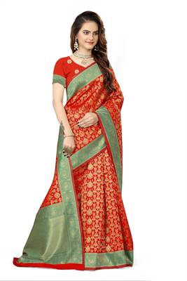 Red woven faux kanjivaram silk saree with blouse 4