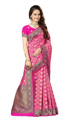 Rani pink woven faux silk saree with blouse 4