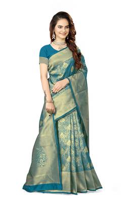Multicolor woven faux kanjivaram silk saree with blouse 4