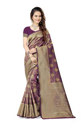 Wine woven faux kanjivaram silk saree with blouse 1