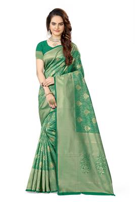 Green woven faux kanjivaram silk saree with blouse 1