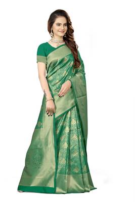 Green woven faux kanjivaram silk saree with blouse 4