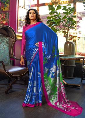   navy blue printed satin saree with blouse 1