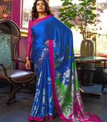   navy blue printed satin saree with blouse