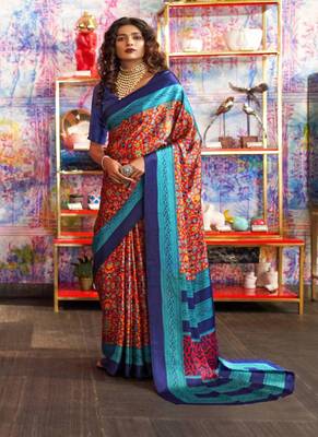 Red printed satin saree with blouse 1