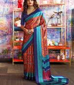 Red printed satin saree with blouse