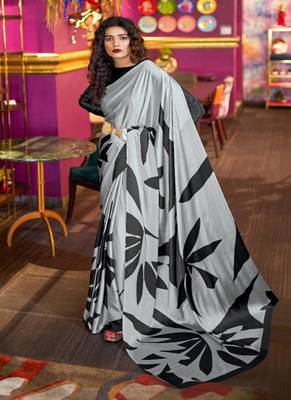 Grey printed satin saree with blouse 1
