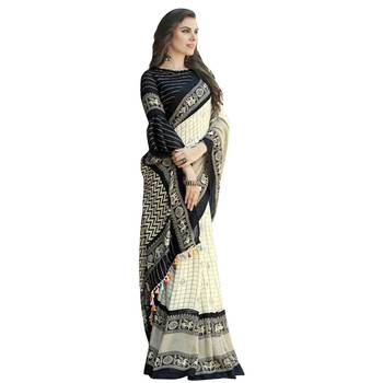 Black printed linen saree with blouse 1