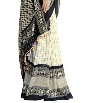 Black printed linen saree with blouse 3