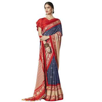 Blue printed linen saree with blouse 1