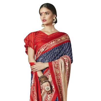 Blue printed linen saree with blouse 2